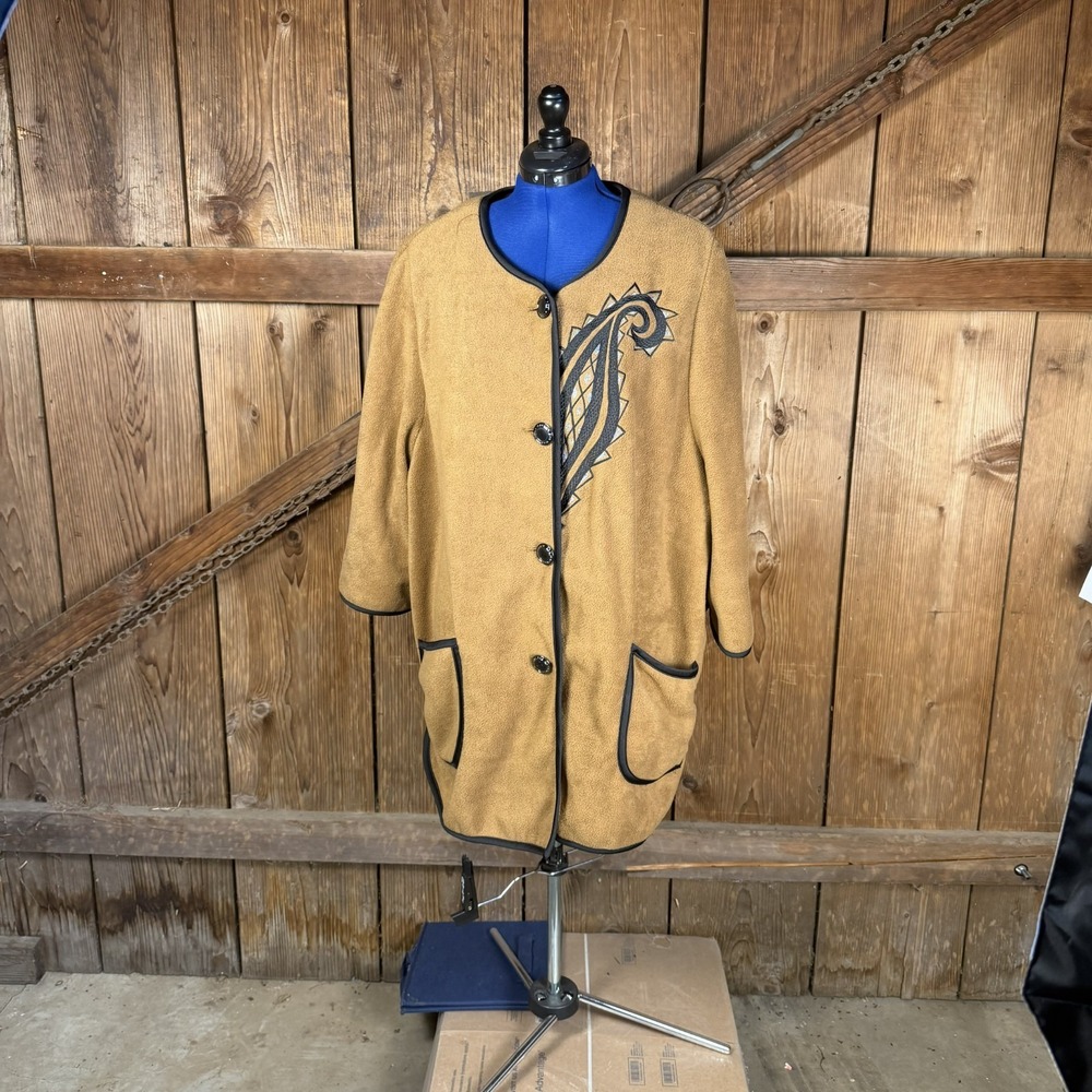 VTG Bob Mackie Wearable Art 3x Burnt Mustard Beige Fleece Jacket Embroidered
